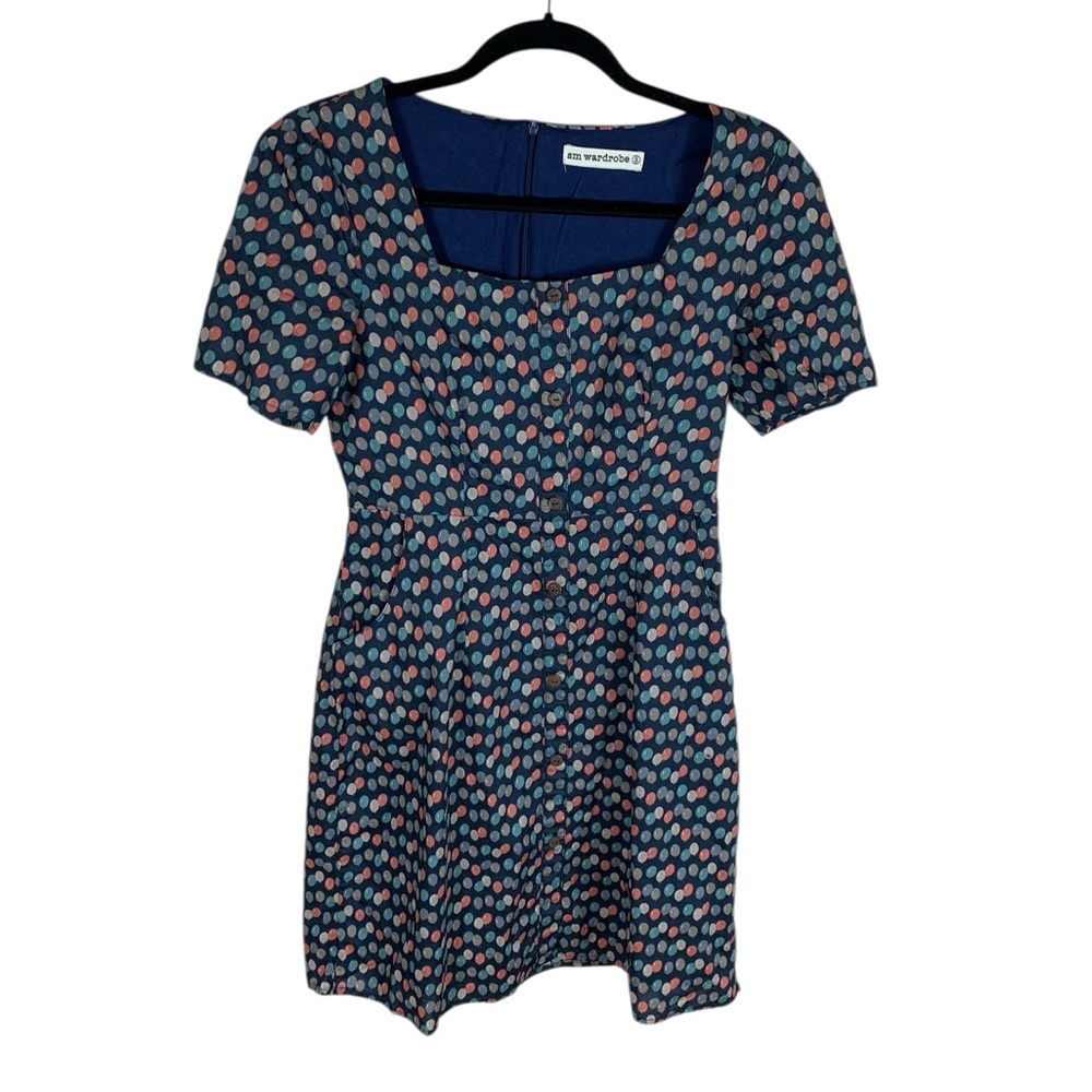 SM Wardrobe Navy Balloon Print Short Sleeve Square Neck Cotton Dress S
